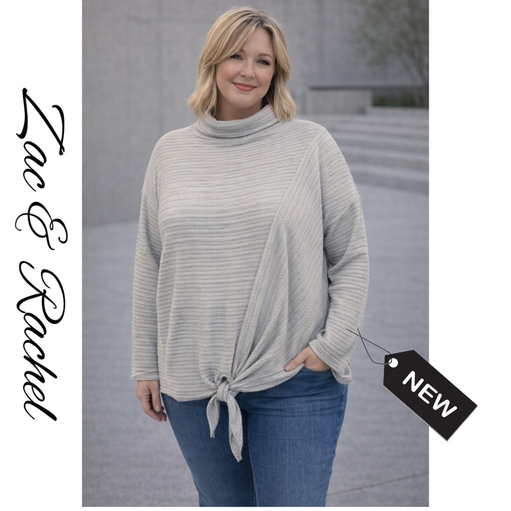 NWT zac & rachel boho top Sweater gray mock neck front tie size XL